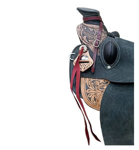 Silla de montar western de cuero negro teñido a tambor, con asiento rígido Big Horn, diseño floral artesanal, para carreras de caballos, con estampados plateados y árbol de plástico de 10/18 pulgadas - Product Image 2