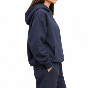 <b>Women's</b> Solid Navy <b>Blue</b> <b>Hoodie</b> Pullover Sweatshirt Drop Shoulder Long Sleeve Casual Top - Product Image 3