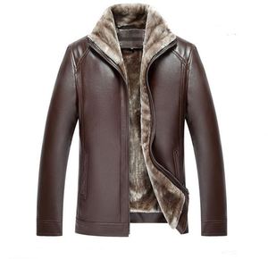 Veste d'hiver pour homme en cuir marron respirant, grande taille, avec doublure en fausse fourrure, manches longues, coupe-vent - Product Image 1