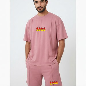 Ensemble de survêtement rose en coton pour homme – T-shirt à col rond et manches courtes coupe ample et short – Tenue décontractée d'été – Survêtement de couleur unie - Product Image 4