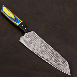 Damascus Steel Knife With Yellow Blue Handle And <b>Black</b> Sheath - Product Image 5