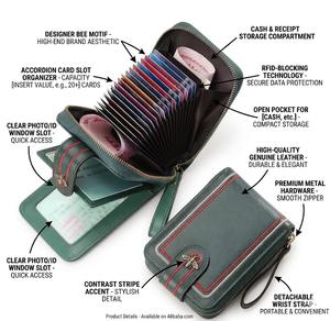 Wriza Genuine Leather RFID Blocking Women Wallet Short Clutch Zipper Coin Purse Accordion Design Credit <b>Card</b> Holder Case - Product Image 2