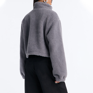 Top Quality <b>Women's</b> Gray <b>Teddy</b> Fleece Crop Jacket Full Sleeve Stand Collar Zipper Winter Short Thick Solid Sherpa Jacket - Product Image 2