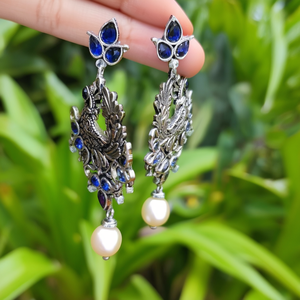 Peacock Style Dual Tone German Silver Earrings with Diamond and Pearl - Product Image 3