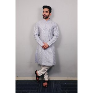FANTAISIE SOIE DOUX BRODERIE SEQUENCE TRAVAIL HOMME KURTA AVEC PYJAMA BLANC CASSÉ - Product Image 1