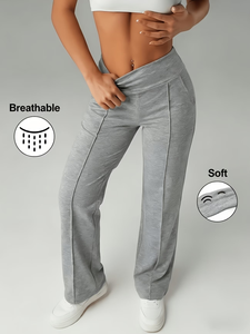 Pantalon large taille haute gris uni en maille extensible mélange polyester respirant à enfiler coupe ample longueur totale pour femme - Product Image 5