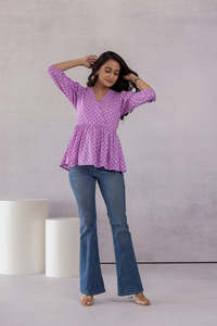 Blusa de Mujer con Estampado Geométrico Morado, Manga Tres Cuartos, Dobladillo Acampanado, Corte Holgado, Informal, Transpirable, Tejida, para Primavera - Product Image 5