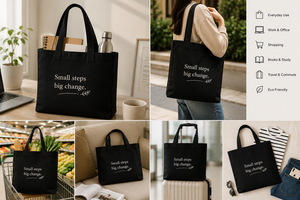 Canvas Fashion Tote <b>Bag</b> <b>Medium</b> <b>Size</b> Black with 'Small Steps Big Change' Print Groceries Daily Use Hand Length Handle - Product Image 6