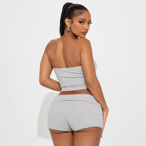 New Summer Casual Stretch Two-pieces Short Set With Strapless Tube <b>Top</b> and Slim Tight Shorts - Product Image 3