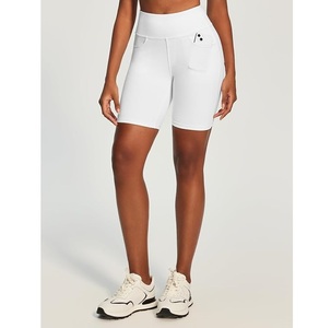 Shorts Deportivos Blancos de Cintura Alta para Mujer, Color Sólido, Elásticos, con Bolsillos, Ajuste Deportivo, Cintura Elástica, Tejido de Punto - Product Image 1