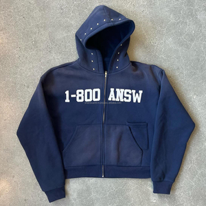 Sudadera con Capucha Personalizada con Estampado, Algodón Grueso de 400 g/m², Lavado Ácido, Efecto Desteñido por el Sol, Pedrería, Corte Recto, Cierre de Cremallera - Product Image 3
