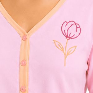 Conjunto de Pijama Corto de Manga Larga para Mujer, Color Rosa Claro y Melocotón, Bordado Floral, Tejido de Algodón Suave, Ropa de Dormir, OEM - Product Image 4