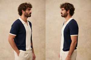 Chemise décontractée pour homme en maille unie 100 % polyester, grande taille, manches courtes, col blanc, boutonnée, bleu marine - Product Image 4