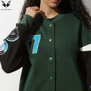 Green Varsity <b>Jacket</b> Full Sleeve Button Up Collar Patch Designs Regular Fit Women's Autumn Wear Solid Color Letter <b>Pattern</b> - Product Image 5