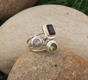 Bague de mariage en argent sterling 925 avec grenat naturel, péridot, topaze bleue, multi-pierres, bijoux de naissance, rangée arc-en-ciel, pour femmes - Product Image 2