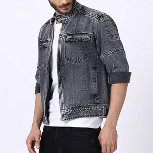 URBANGAZER Men's Stonewashed Denim Varsity Jacket Stand Collar <b>Covered</b> <b>Button</b> Closure Casual Winter Style Regular Fit Solid - Product Image 3