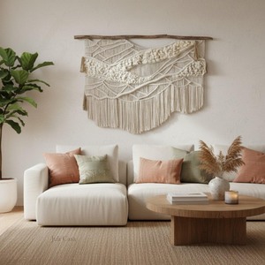 Bohemian Macrame Wall <b>Hanging</b> Natural Beige <b>White</b> Fringe Abstract Geometric Design Irregular Shape Living Room Decor - Product Image 1
