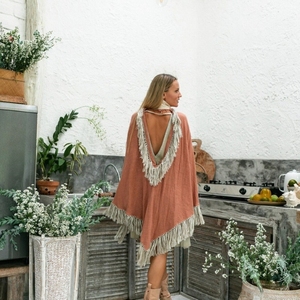 Poncho Bohème à Franges pour Femme, Cape en Coton, Cardigan Cache-cou, Robe Hippie à Dos Ouvert, Vêtement Bohème, Manteau de Cérémonie, Rose Poudré - Product Image 4