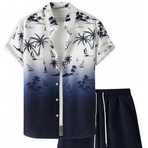 Ensemble assorti homme imprimé feuilles de palmier, chemise à manches courtes et short de plage, tenue décontractée estivale colorée, ensemble deux pièces homme assorti - Product Image 1