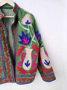 <b>Women's</b> Green Velvet <b>Embroidered</b> Floral <b>Jacket</b> Boho Zip Up Coat with Stand Collar <b>Women</b> Stand Collar <b>Jacket</b> Green Velvet Coat - Product Image 3