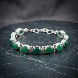 Green Onyx 925 Silver Bracelet Bezel Set Oval Green Stones Classic <b>Chain</b> Link Unisex Everyday Wear - Product Image 3
