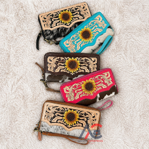 Nueva Cartera de Cuero de Vaca Grabada a Mano con Diseño de Girasol, con Correa de Muñeca Desmontable, Tarjetero Floral y Monedero con Cremallera para Mujer - Product Image 1