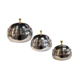 Hammered Design Metal <b>Serving</b> <b>Dish</b> <b>Set</b>. 3-Pieces Elegant Storage Bowls With Gold Knobs Polished Silver Finish For Home & Kitchen - Product Image 2