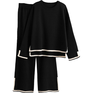 Ensemble pull et pantalon en tricot bleu clair pour femme, décontracté, manches régulières, col rond, respirant, 100% coton, hiver - Product Image 3