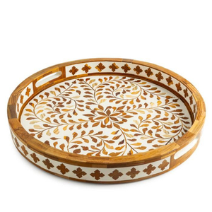 Plateau de service marocain rond en bois avec incrustations en os, fait main, décoratif, pour table basse ottomane, cuisine et salon - Product Image 1