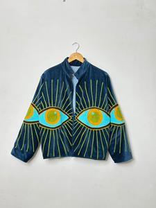 Veste de luxe en velours bleu marine pour femme, motif œil brodé, style bohème, créateur, vêtement d'extérieur d'hiver, vente en gros, mode B2B - Product Image 2