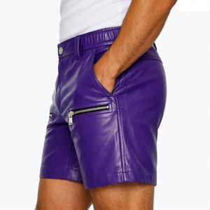 Men's High Waist Leather <b>Shorts</b> With <b>Zipper</b> Pockets Moto Style Solid Color Front Logo Design - Product Image 4