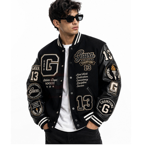 Chaqueta universitaria personalizada con cuerpo de lana, mangas de cuero genuino, parches bordados en chenilla, estilo HBCU, chaqueta bomber Letterman para hombre. - Product Image 2
