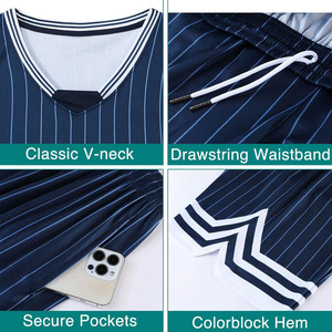 Conjunto de Uniforme de Baloncesto Sublimado Personalizado, Camiseta sin Mangas para Hombre con Pantalones Cortos, Azul Marino a Rayas, Absorbe la Humedad, Deportivo - Product Image 5