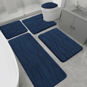 Ensemble de tapis de bain bleu marine moderne, 4 pièces, motif abstrait rectangulaire, dos antidérapant en caoutchouc, microfibre épaisse, usage domestique - Product Image 1