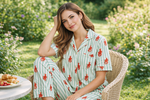 ชุดนอนผ้าฝ้ายลายปูพร้อมลายทาง เสื้อแขนสั้นและกางเกงขายาว ชุดนอนฤดูร้อนสำหรับผู้หญิง ชุดนอนพรีเมียม - Product Image 4