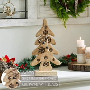 Rustic <b>Wooden</b> <b>Christmas</b> <b>Tree</b> Figurine Featuring Carved Snowflake Patterns And Jute Bow Accent For Festive Winter Home Decoration - Product Image 2
