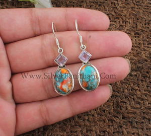 Boucles d'oreilles pendantes en argent sterling 925 avec coquille d'huître épineuse naturelle, turquoise et pierres précieuses composites orange et bleues, style bohème, cadeau de fête - Product Image 1