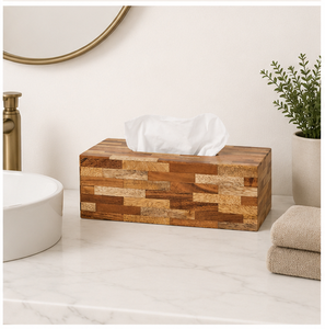 Lujosa Caja de Madera Ecológica Hecha a Mano para Pañuelos, con Incrustaciones de Madera Multitono, Diseño Rectangular Moderno, de Pie - Product Image 3