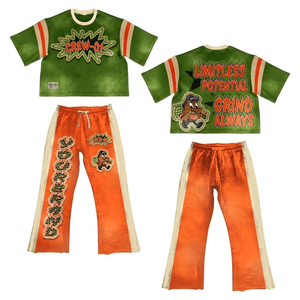 260 GSM French Terry Green Orange Panel T Shirt Pant Set Custom Chenille <b>Patch</b> Logo Design 2 Pieces Sets <b>men's</b> - Product Image 1