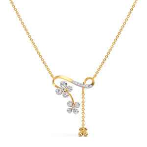 Floral Ribbon Drop Diamond <b>Necklace</b> with Twin Blossom Accents and <b>Delicate</b> Hanging Charm Design - Product Image 1