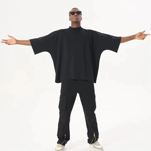 T-shirt Homme Oversize à Manches Courtes avec Logo Frontal, Noir Uni, en Coton Tricoté Anti-rétrécissement, Style Urbain, Col Rond, Haut Décontracté - Product Image 1