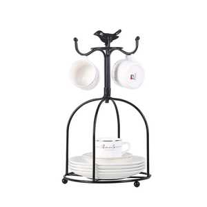 Metal Cup and Saucer Holder Stand with Circular Base and <b>Hooks</b> Holding Ceramic Coffee Cups Modern <b>Kitchen</b> Organizer Rack - Product Image 6