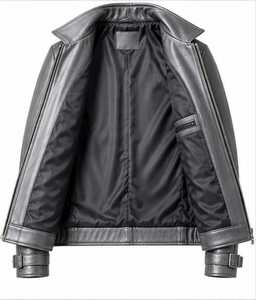 Blouson moto en cuir véritable beige pour homme, col rabattu, fermeture éclair, coupe ajustée, manches classiques, couleur unie, automne - Product Image 5