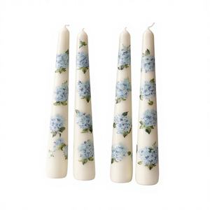 Delicate White <b>Tapered</b> Wax <b>Candles</b> Hand-Painted Blue Hydrangea Motifs Green Leaf Accents Lavender Scent for Weddings Christmas - Product Image 1