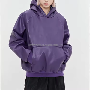 Sudadera con capucha de cuero PU sin cordón High Street Fashion hombres cuero púrpura boxy HOODIE a prueba de viento impermeable - Product Image 2