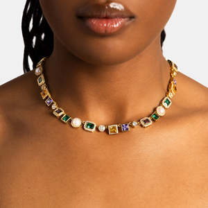 Collier tennis de luxe multicolore en moissanite et pierres précieuses, en argent sterling 925 plaqué or, avec halo de perles, pour femme - Product Image 4