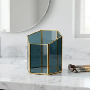 Artisan Design Geometric Brass <b>Lantern</b> With <b>Black</b> Glass Panels Home Decoration Durable Metal Candle Holder votive - Product Image 2