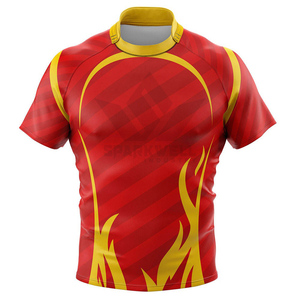Camiseta de Rugby Personalizada para Hombre, Roja y Amarilla con Llamas Sublimadas, Manga Corta, Absorbe la Humedad, Ajuste Atlético, Ropa Deportiva para Todas las Temporadas - Product Image 1