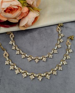 Paire de chevillères Payal ethniques délicates, florales et serties de pierres précieuses, légères, de créateur, style Ghungroo, pour la vente en gros, collections de bijoux de pied - Product Image 1