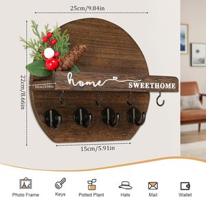 Porte-clés mural avec étagère à fleurs et crochets pour clés, organisateur de courrier, support mural en bois rustique rond - Product Image 4